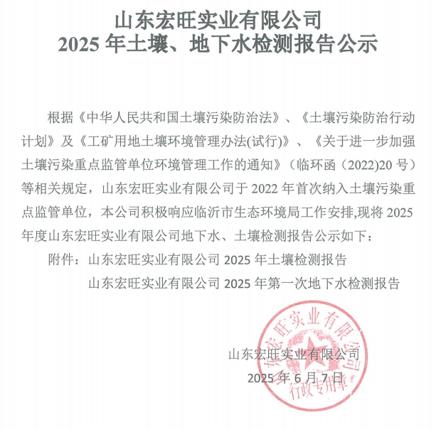 山东宏旺实业有限公司2025年地下水、土壤检测报告