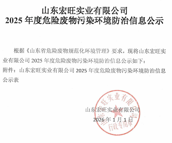 山东宏旺实业有限公司2025年危险废物污染环境防治信息公示